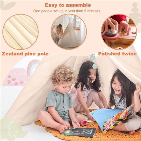 Kids-Teepee-Tent with Lights & Campfire Toy & Carry Case Cotton Canvas Toddler - Picture 2 of 7
